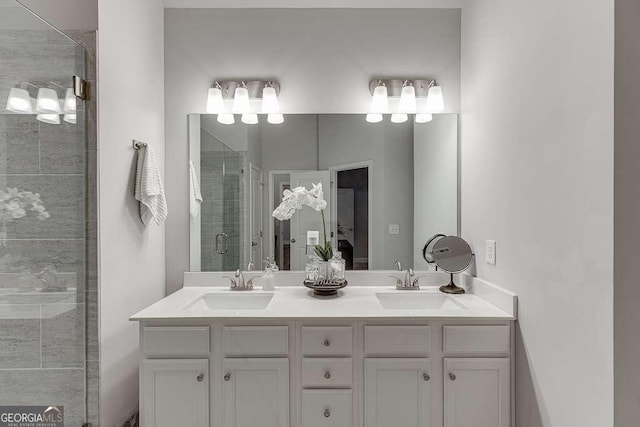 full bathroom with a stall shower and double vanity