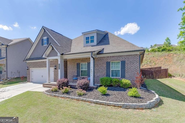 craftsman-style house featuring brick siding, driveway, roof with shingles, and a garage