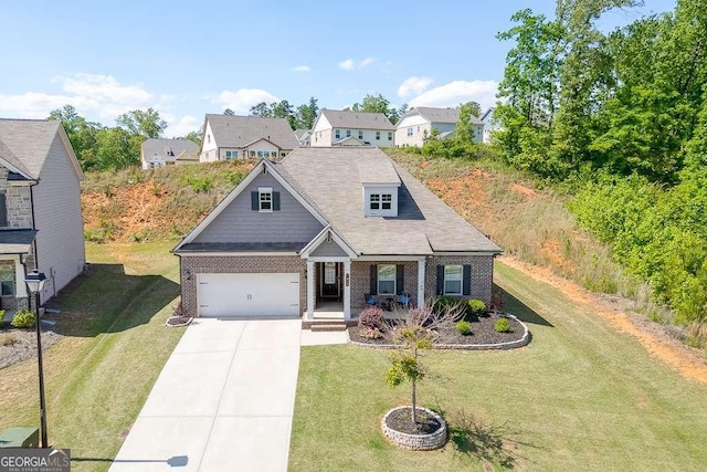 view of front of property with covered porch, brick siding, concrete driveway, and an attached garage