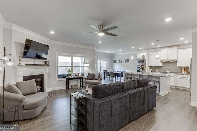 living room with ceiling fan, crown molding, wood finished floors, a fireplace, and recessed lighting