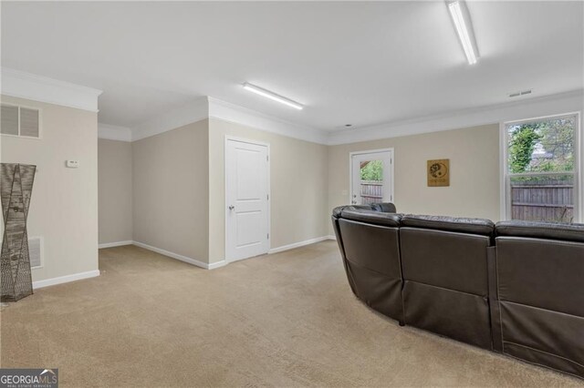 4567 Hickory Forest Dr, Acworth, GA 30102 - living room featuring light carpet, crown molding, and baseboards