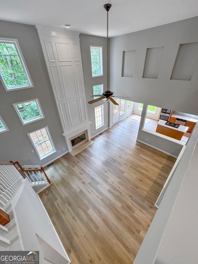 1429 Kentmire Ct, Locust Grove, GA 30248 - living area featuring light wood-type flooring, a ceiling fan, and a fireplace