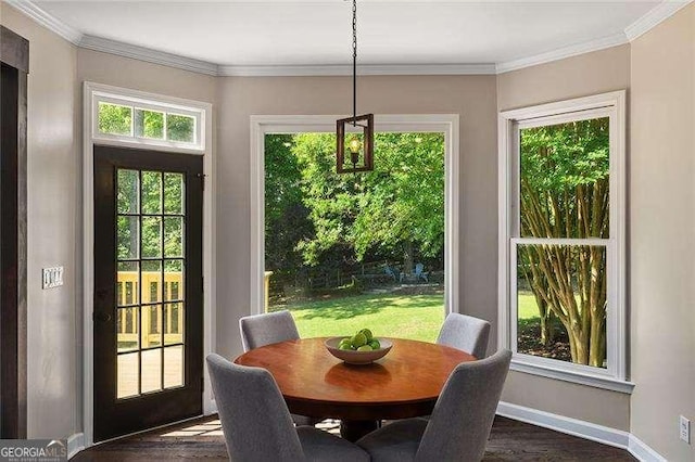 dining area featuring baseboards, plenty of natural light, dark wood-style floors, and crown molding