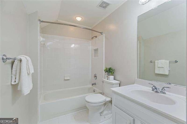 bathroom with toilet, vanity, shower / washtub combination, and tile patterned flooring