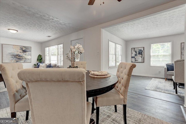 203 Brannan Rd, Mcdonough, GA 30253 - dining area with a textured ceiling, wood finished floors, ceiling fan, and baseboards