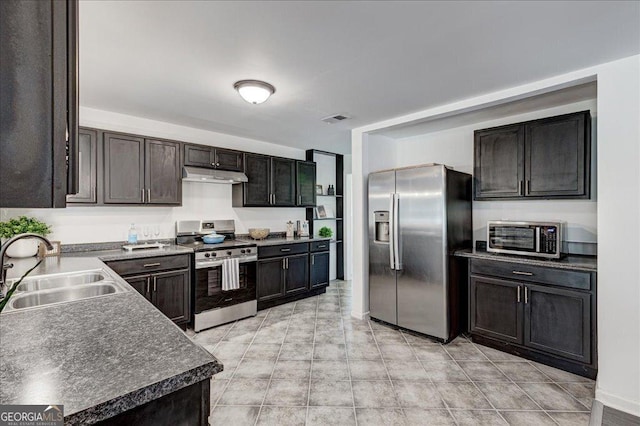 kitchen featuring stainless steel appliances, a sink, under cabinet range hood, and dark countertops