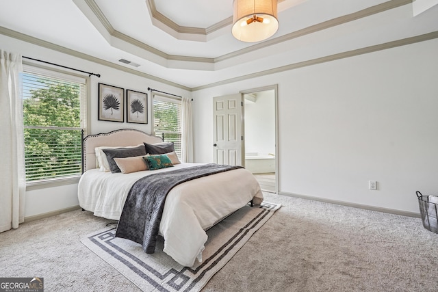 3282 Green Farm Trl, Dacula, GA 30019 - bedroom featuring carpet flooring, crown molding, a tray ceiling, baseboards, and ensuite bath