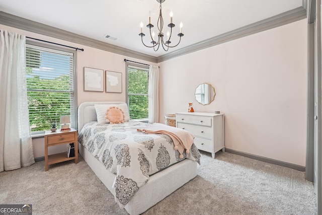 3282 Green Farm Trl, Dacula, GA 30019 - bedroom with a chandelier, light colored carpet, crown molding, and baseboards