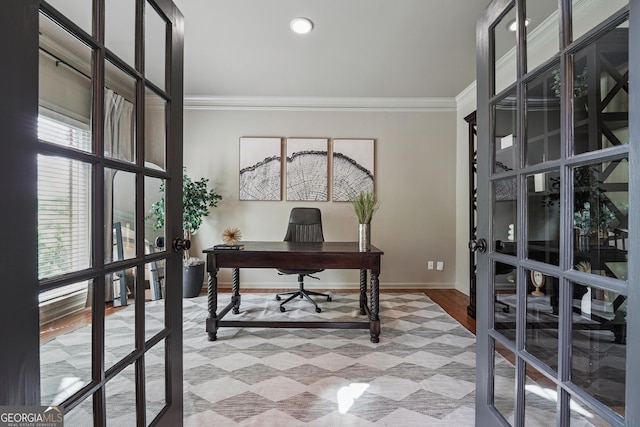 3282 Green Farm Trl, Dacula, GA 30019 - office space with french doors, crown molding, baseboards, and recessed lighting