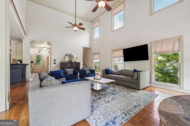 3282 Green Farm Trl, Dacula, GA 30019 - living area with ceiling fan, healthy amount of natural light, wood finished floors, a towering ceiling, and crown molding