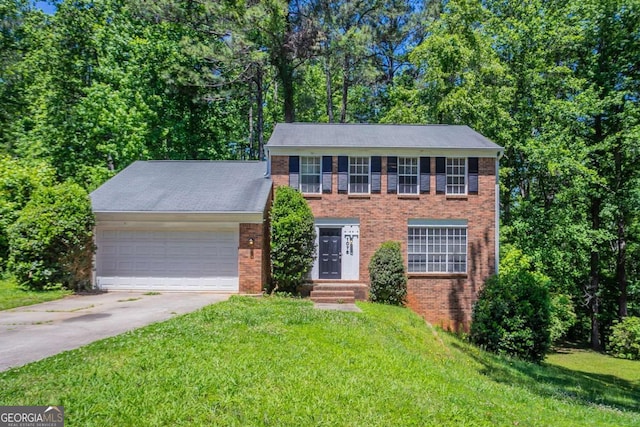 1076 Plantation Blvd SE, Conyers, GA 30094 - colonial-style house with an attached garage, driveway, brick siding, and a front yard