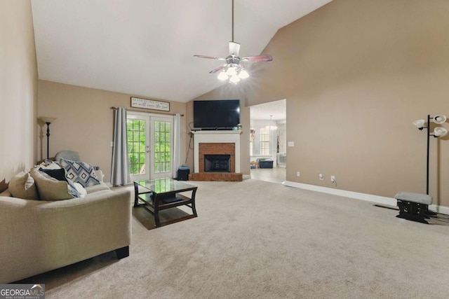 418 Whisper Wood Way, Locust Grove, GA 30248 - living area featuring vaulted ceiling, a ceiling fan, carpet floors, baseboards, and a fireplace