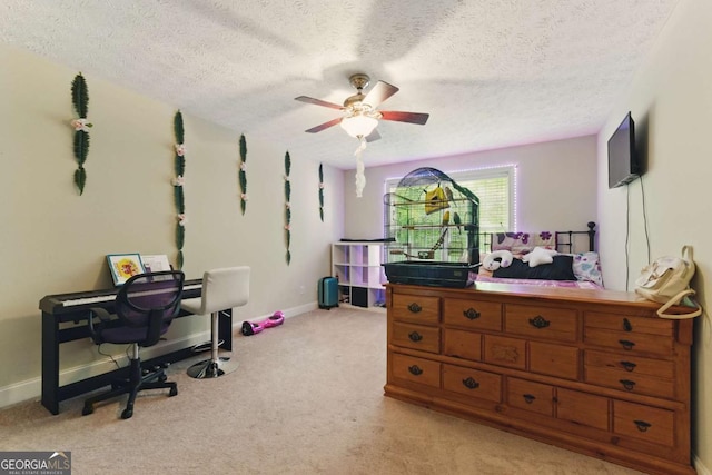 418 Whisper Wood Way, Locust Grove, GA 30248 - bedroom with light colored carpet, a textured ceiling, baseboards, and ceiling fan