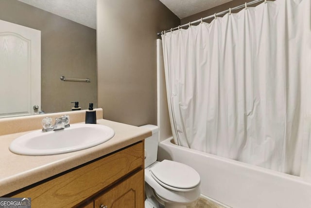 418 Whisper Wood Way, Locust Grove, GA 30248 - bathroom with a textured ceiling, shower / bath combination with curtain, vanity, and toilet