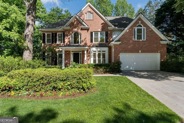 view of front of house featuring brick siding, a garage, driveway, and a front lawn