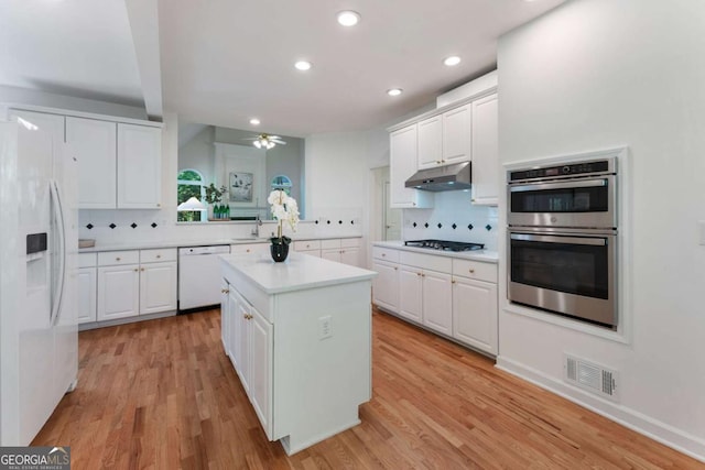 1575 Wynridge Pointe, Alpharetta, GA 30005 - kitchen featuring white appliances, under cabinet range hood, backsplash, light countertops, and white cabinets