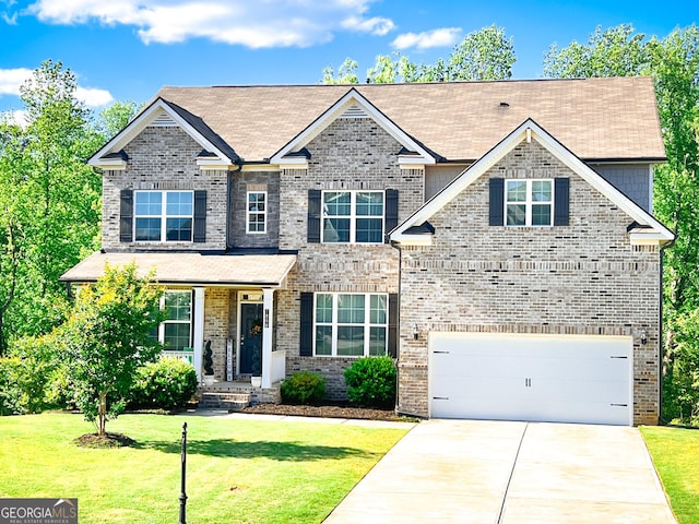 7860 Bristol Valley Dr, Cumming, GA 30028 - view of front facade with concrete driveway, a front yard, an attached garage, and brick siding