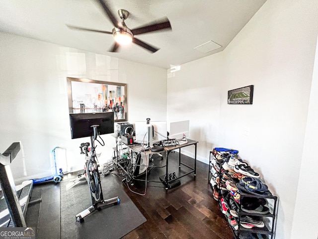 7860 Bristol Valley Dr, Cumming, GA 30028 - exercise area featuring ceiling fan, wood finished floors, and baseboards