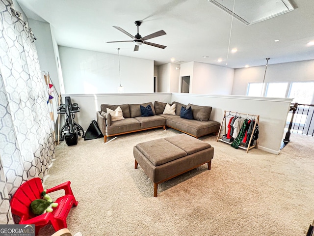 7860 Bristol Valley Dr, Cumming, GA 30028 - living room featuring attic access, carpet flooring, ceiling fan, and recessed lighting