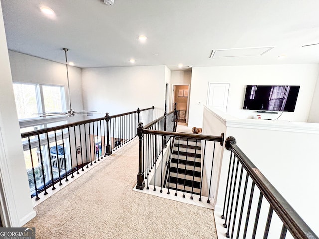 7860 Bristol Valley Dr, Cumming, GA 30028 - hall with attic access, an upstairs landing, carpet flooring, and recessed lighting