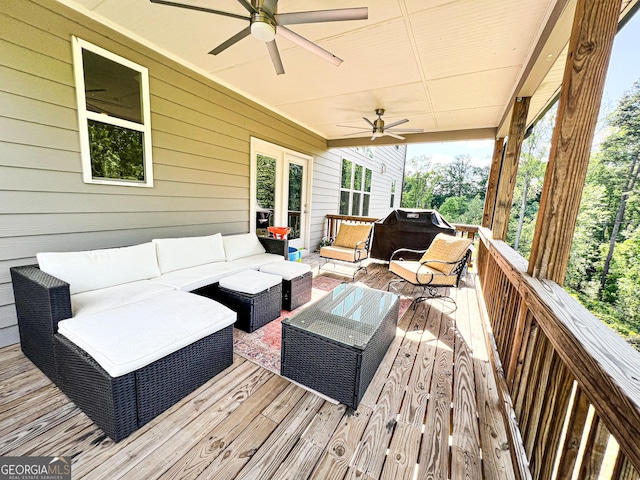 7860 Bristol Valley Dr, Cumming, GA 30028 - deck featuring ceiling fan, an outdoor living space, and area for grilling