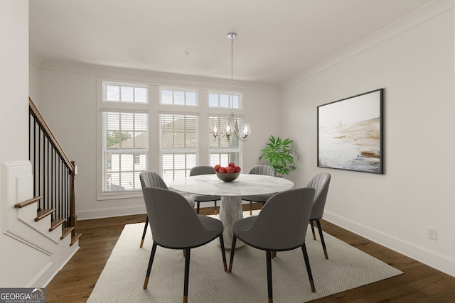 6790 Encore Blvd, Sandy Springs, GA 30328 - dining space featuring a chandelier, healthy amount of natural light, stairway, ornamental molding, and dark wood-type flooring