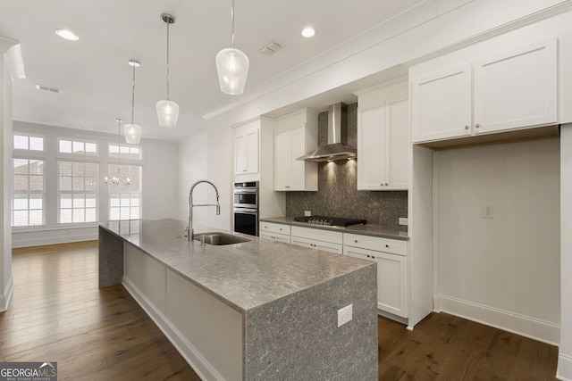6790 Encore Blvd, Sandy Springs, GA 30328 - kitchen with wall chimney exhaust hood, stainless steel double oven, decorative backsplash, dark wood-style flooring, and white cabinetry