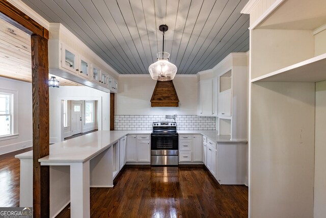 564 Bailey Mill Rd, Yatesville, GA 31097 - kitchen with stainless steel range with electric stovetop, a peninsula, wooden ceiling, dark wood-style floors, and light countertops