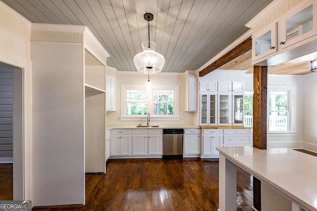 564 Bailey Mill Rd, Yatesville, GA 31097 - kitchen with dishwasher, wood ceiling, dark wood-style floors, glass insert cabinets, and light countertops