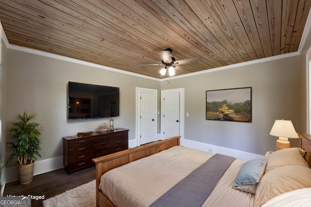 564 Bailey Mill Rd, Yatesville, GA 31097 - bedroom with wooden ceiling, dark wood finished floors, ornamental molding, and ceiling fan