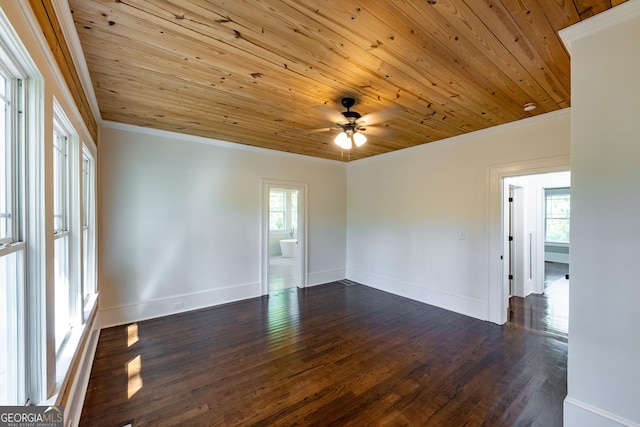 564 Bailey Mill Rd, Yatesville, GA 31097 - unfurnished room featuring wooden ceiling, ornamental molding, ceiling fan, and dark wood-style floors