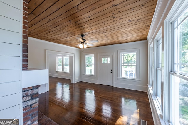564 Bailey Mill Rd, Yatesville, GA 31097 - entrance foyer with wooden ceiling, a ceiling fan, plenty of natural light, ornamental molding, and wood finished floors