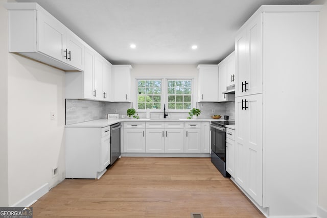 kitchen featuring electric stove, a sink, under cabinet range hood, stainless steel dishwasher, and tasteful backsplash