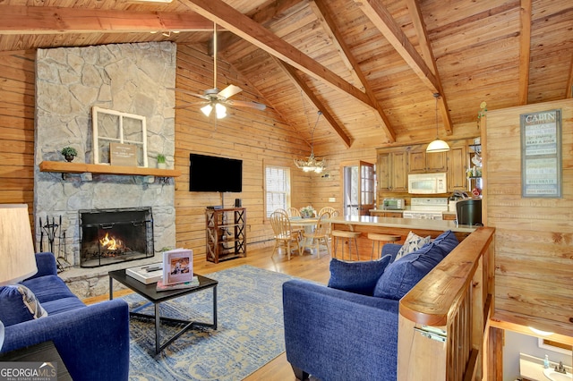 2425 Hines Gap Rd, Warm Springs, GA 31830 - living room with wood ceiling, wood walls, light wood-style flooring, beamed ceiling, and a fireplace