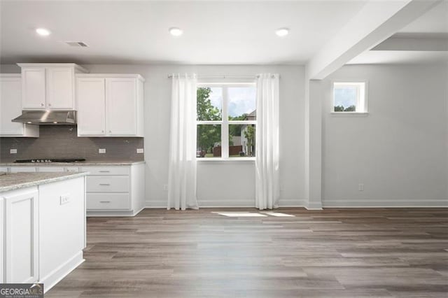 1809 Hanwoo Ln, Powder Springs, GA 30127 - kitchen featuring under cabinet range hood, healthy amount of natural light, baseboards, white cabinets, and recessed lighting