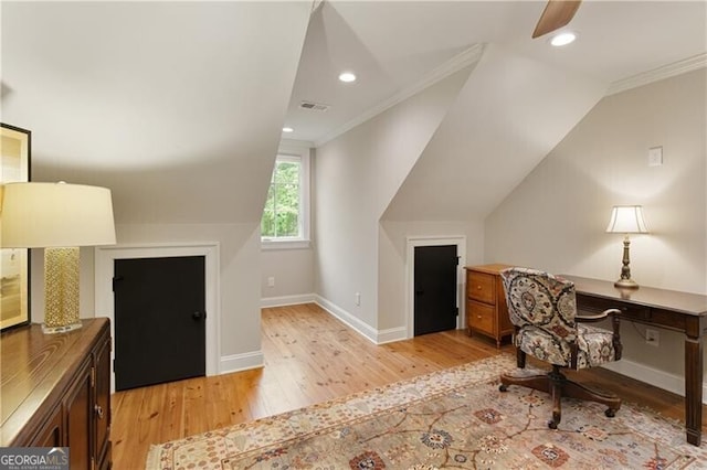 home office with light wood-style flooring, crown molding, baseboards, recessed lighting, and lofted ceiling