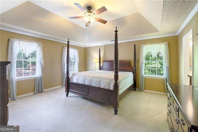 3625 Stonehenge Way NE, Marietta, GA 30066 - bedroom featuring crown molding, baseboards, a tray ceiling, and light carpet