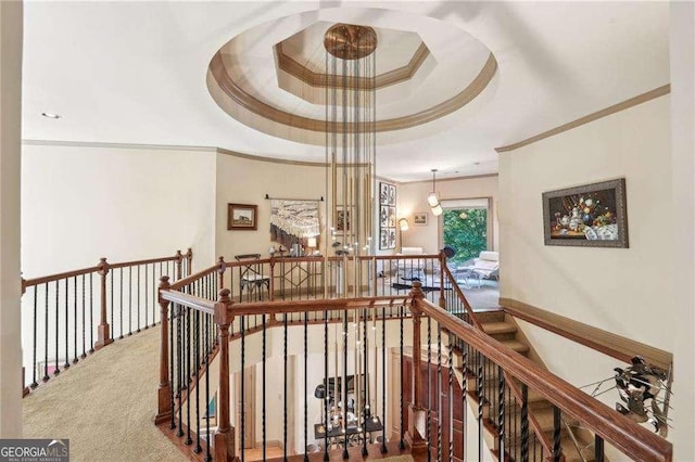 4162 Cumberland Point Dr, Gainesville, GA 30504 - corridor with an upstairs landing, crown molding, a raised ceiling, and carpet floors