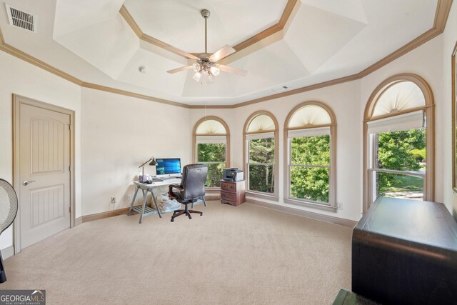 4162 Cumberland Point Dr, Gainesville, GA 30504 - carpeted office space with a tray ceiling, ceiling fan, ornamental molding, and baseboards
