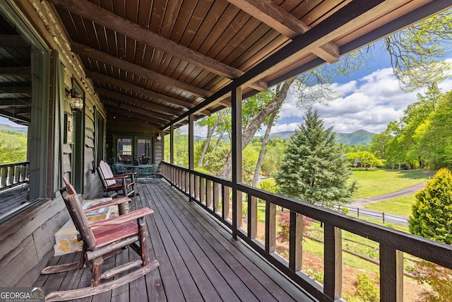 259 Eagle Chase Cir, Dillard, GA 30537 - wooden terrace featuring a mountain view and a yard