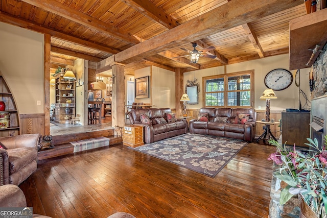 259 Eagle Chase Cir, Dillard, GA 30537 - living area featuring hardwood / wood-style flooring, ceiling fan, wainscoting, wood ceiling, and beam ceiling