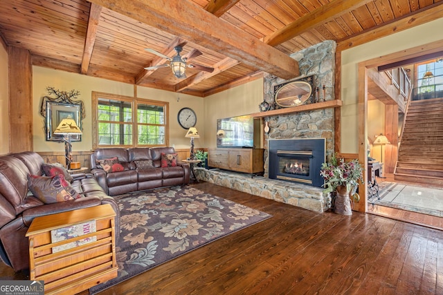 259 Eagle Chase Cir, Dillard, GA 30537 - living room featuring wooden ceiling, a wainscoted wall, hardwood / wood-style flooring, ceiling fan, and a stone fireplace