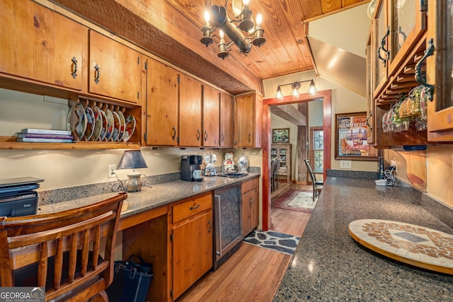 259 Eagle Chase Cir, Dillard, GA 30537 - kitchen featuring beverage cooler, a chandelier, brown cabinetry, wooden ceiling, and open shelves