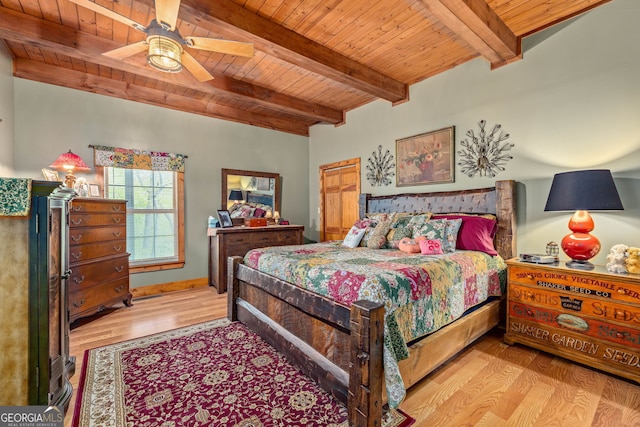 259 Eagle Chase Cir, Dillard, GA 30537 - bedroom featuring wooden ceiling, wood finished floors, beamed ceiling, and ceiling fan