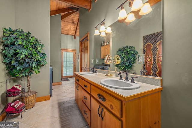 259 Eagle Chase Cir, Dillard, GA 30537 - full bath featuring a chandelier, beam ceiling, tile patterned flooring, high vaulted ceiling, and double vanity