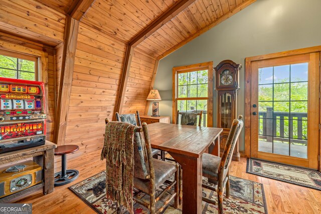 259 Eagle Chase Cir, Dillard, GA 30537 - dining area featuring lofted ceiling, plenty of natural light, wood-type flooring, and wooden ceiling