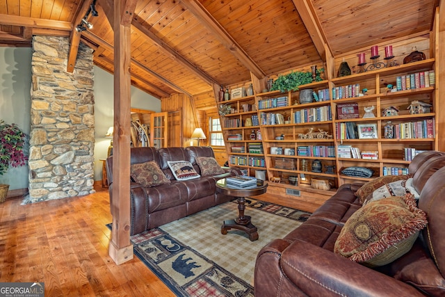 259 Eagle Chase Cir, Dillard, GA 30537 - living area with wood ceiling, hardwood / wood-style floors, beamed ceiling, and high vaulted ceiling