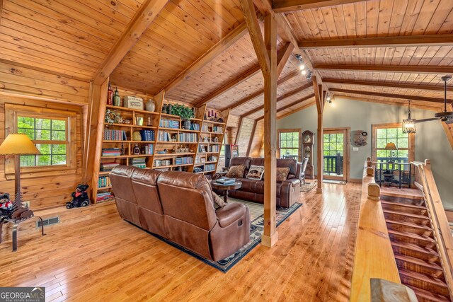 259 Eagle Chase Cir, Dillard, GA 30537 - living room with hardwood / wood-style flooring, wooden ceiling, and wooden walls