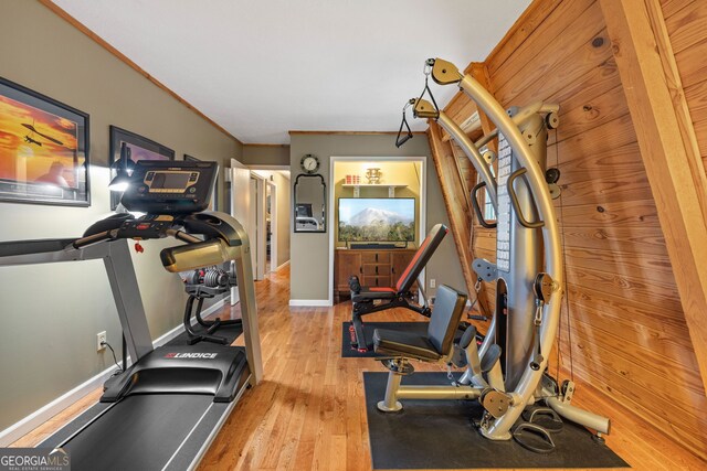 259 Eagle Chase Cir, Dillard, GA 30537 - workout room featuring wood finished floors, ornamental molding, and baseboards