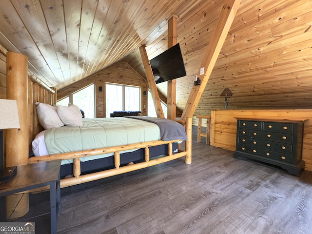 bedroom featuring wooden ceiling, lofted ceiling, wood finished floors, and wood walls